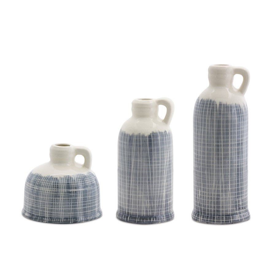 Melrose Terra Cotta Jug Vase/Criss Cross Pattern, Set of 3, Blue/White - 78793DS