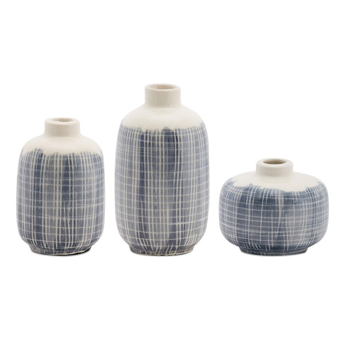 Melrose Mini Terra Cotta Bud Vase Criss Cross Pattern, Set of 6, Blue