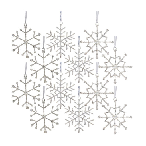 Melrose Jeweled Snowflake/Ribbon Hanger, Set of 12, Silver/CleaRed - 80157DS