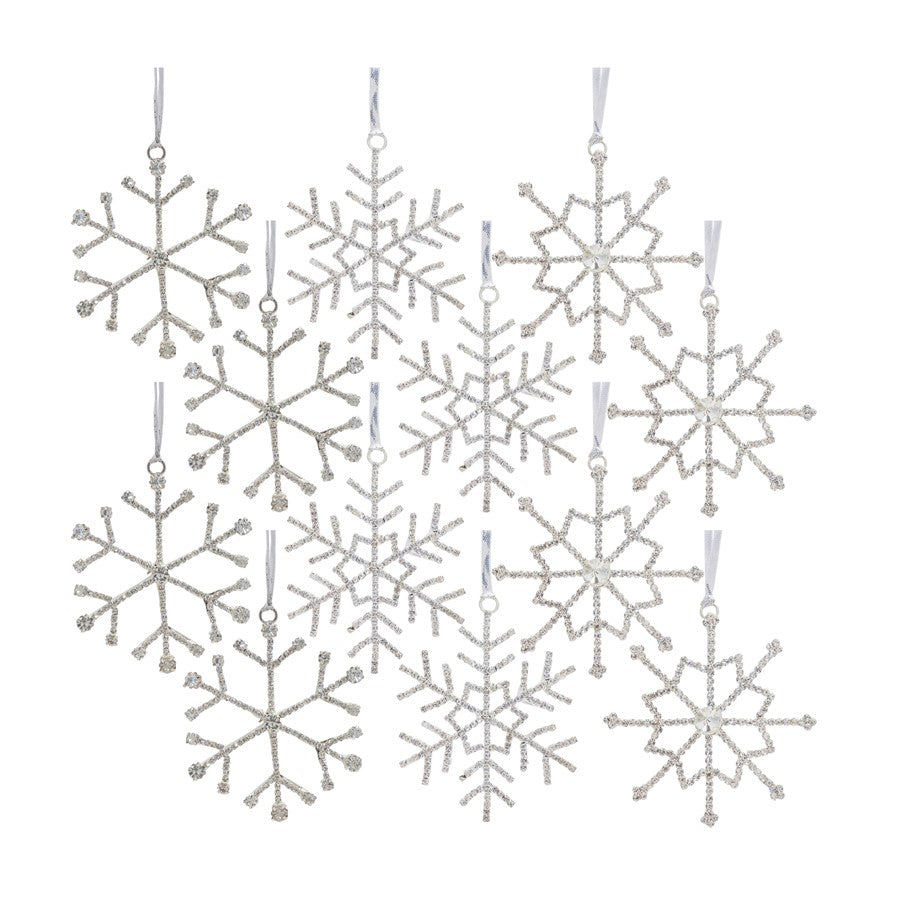 Melrose Jeweled Snowflake/Ribbon Hanger, Set of 12, Silver/CleaRed - 80157DS