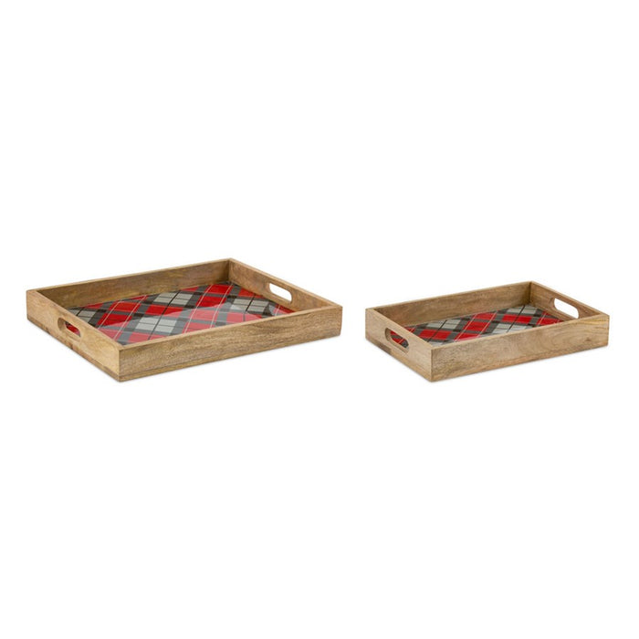 Melrose International Plaid Wooden Tray, Set of 2, Brown/Red - 80236DS