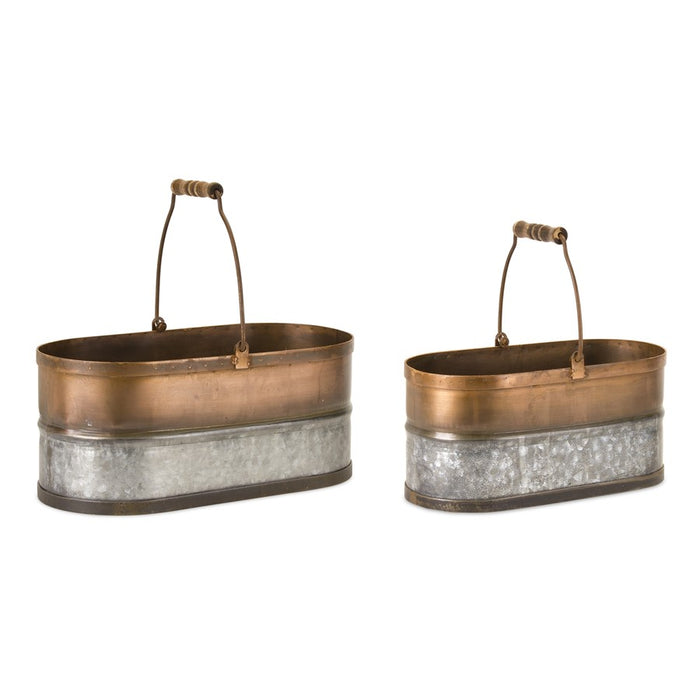 Melrose Int. Oval Metal Bucket/Handle, Set of 2, Silver/Bronze - 80459DS