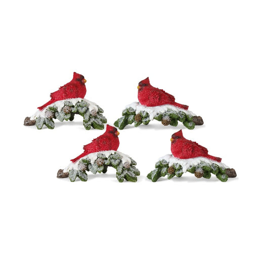Melrose Perched Cardinal Bird on Snowy Pine Branch, Set/4, Red/Green - 80488DS