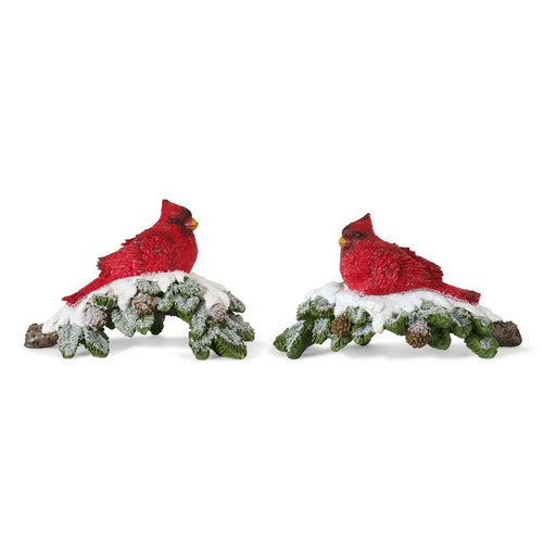 Melrose Perched Cardinal Bird on Snowy Pine Branch, Set/4, Red/Green