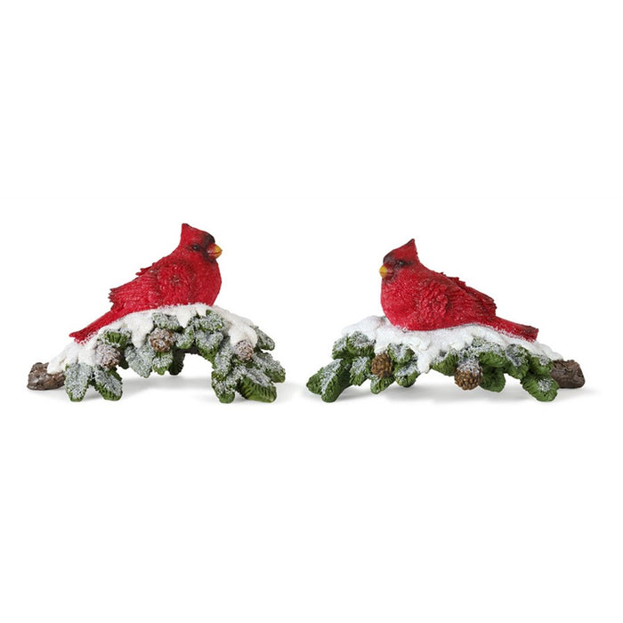Melrose Perched Cardinal Bird on Snowy Pine Branch, Set/4, Red/Green