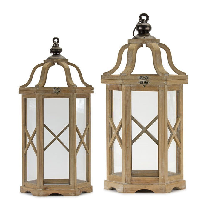 Melrose Natural Wood Hexagon Lantern/Curved Top, Set of 2, Brown/Black - 80501DS