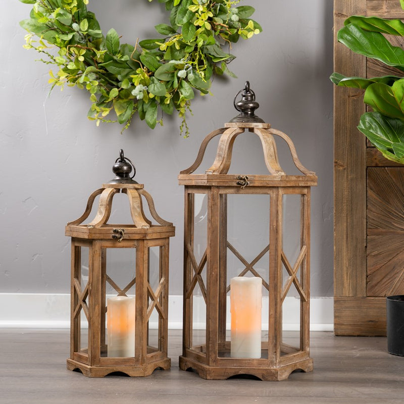 Melrose Natural Wood Hexagon Lantern/Curved Top, Set of 2, Brown/Black