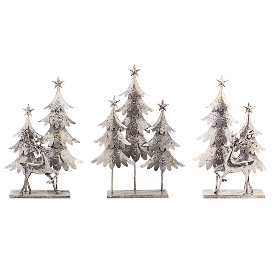 Melrose Hammered Metal Deer/Trees Display, Set of 3, Silver - 80522DS