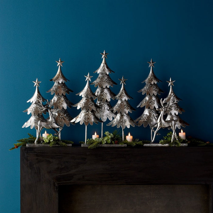 Melrose Hammered Metal Deer/Trees Display, Set of 3, Silver