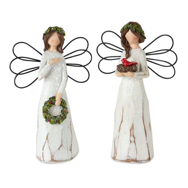 Melrose Frosted Winter Angel/Bird/Wreath Accent, Set of 6, White/Brown