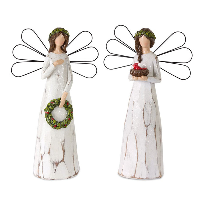 Melrose Frosted Winter Angel/Bird/Wreath Accent, Set of 2, White/Brown - 80562DS
