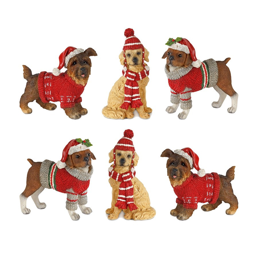 Melrose Winter Dog Figurine/Hat/Sweater Accent, Set/6, Red/Brown/Red - 80575DS
