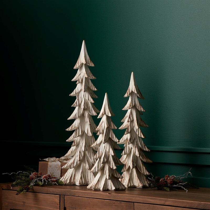 Melrose Carved Wood Design Pine Tree Decor, Set of 3, White/Brown
