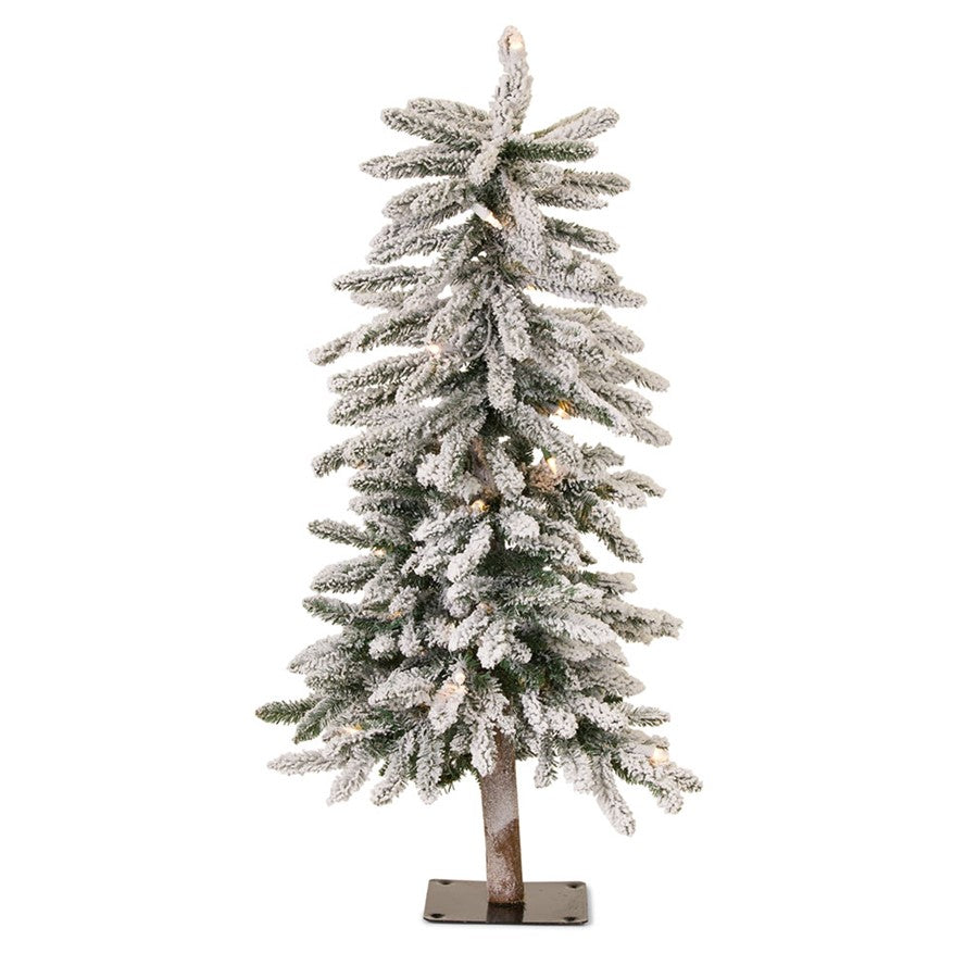 Melrose LED Flocked Alpine Pencil Tree/Base 3'H, White/Green/Black - 80763DS