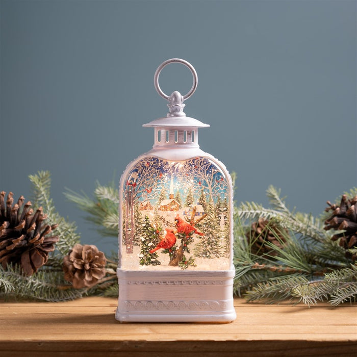 Melrose LED Snow Globe Lantern/Cardinal Forest Scene 10.5"H, White/Red