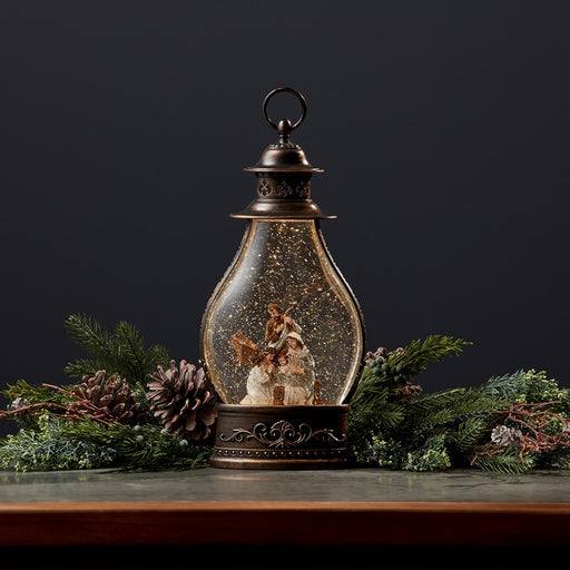 Melrose LED Snow Globe Lantern/Holy Family Nativity Scene 15", Bronze