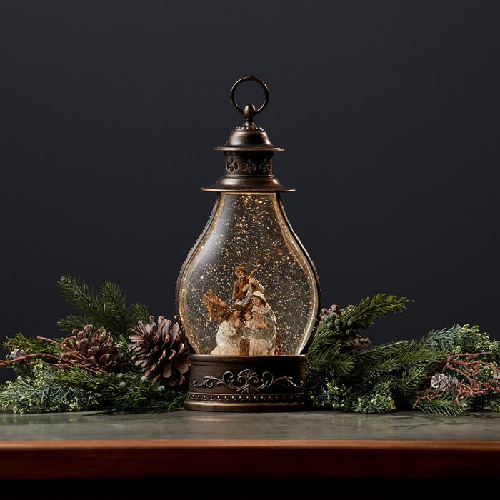 Melrose LED Snow Globe Lantern/Holy Family Nativity Scene 15", Bronze