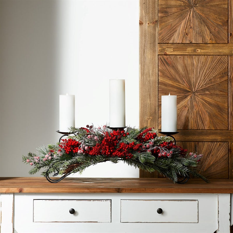 Melrose Frosted Pine/Mixed Berry Centerpiece Candle Holder 31"L, Green