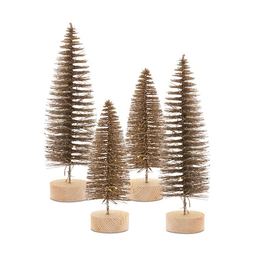 Melrose LED Lighted Bottle Brush Tree/Wood Base, Set of 4, Brown/Silve - 81442DS