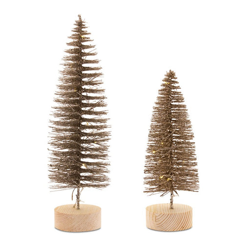 Melrose LED Lighted Bottle Brush Tree/Wood Base, Set of 4, Brown/Silve
