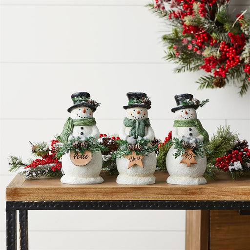 Melrose Holiday Snowman Figurine/Frosted Pine Accent, Set of 3, White