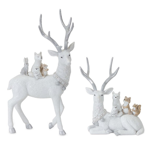 Melrose Winter Deer/Woodland Friends Figurine, Set of 2, White/Silver - 81549DS