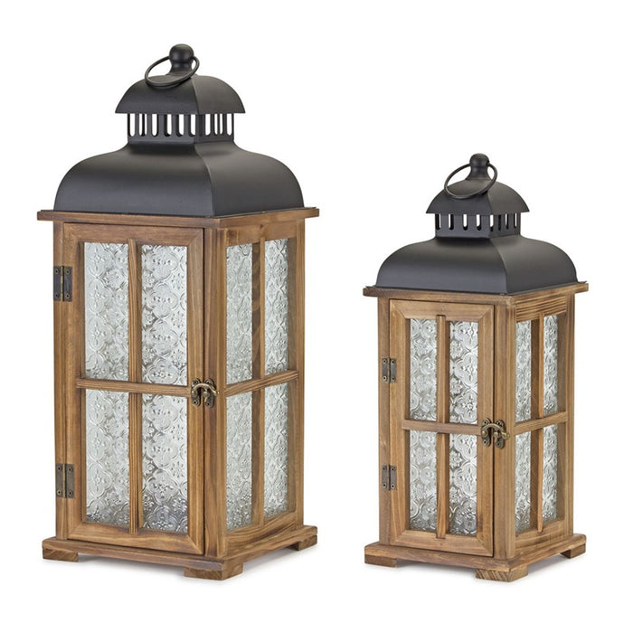 Melrose Wood Lantern/Ornate Frosted Glass, Set of 2, Brown/Black - 81582DS