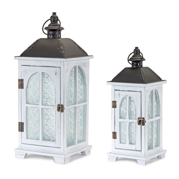 Melrose Wood Lantern/Ornate Frosted Glass, Set of 2, Black/White/Brown - 81583DS