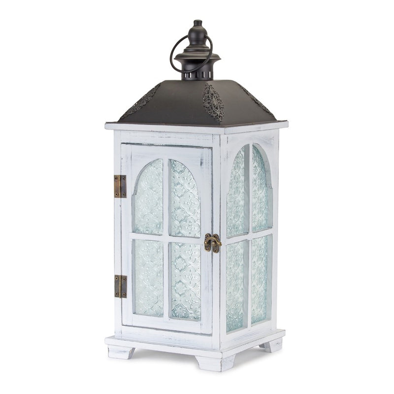 Melrose Wood Lantern/Ornate Frosted Glass, Set of 2, Black/White/Brown