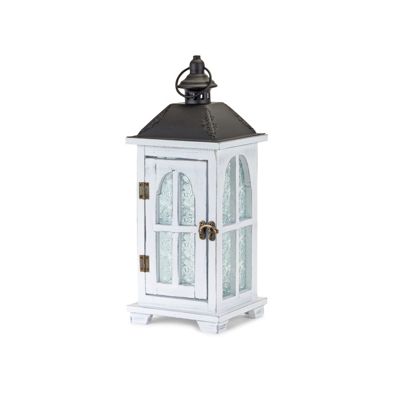 Melrose Wood Lantern/Ornate Frosted Glass, Set of 2, Black/White/Brown