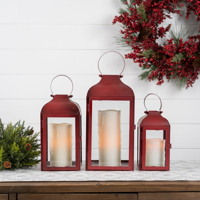 Melrose International Modern Metal Lantern, Set of 2, Red/CleaRed