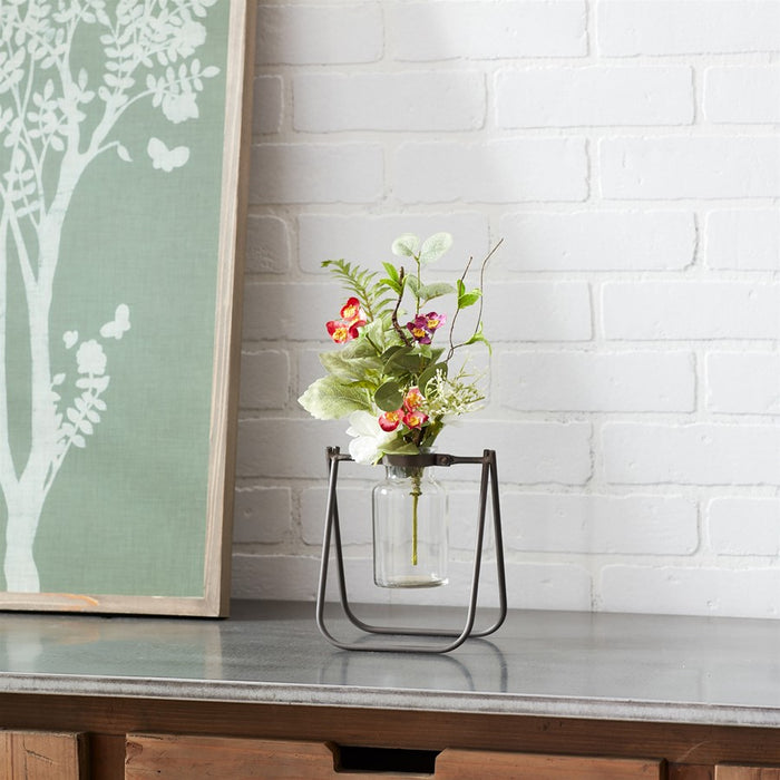 Melrose Hanging Glass Jar Vase/Metal Stand, Set of 2, Brown/CleaRed