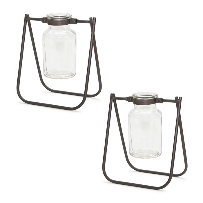 Melrose Hanging Glass Jar Vase/Metal Stand (Set of 2), Brown/Clr