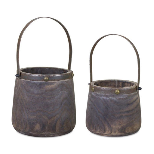 Melrose Natural Wooden Pail Planter/Metal Handle Accent, Set of 2, - 82085DS