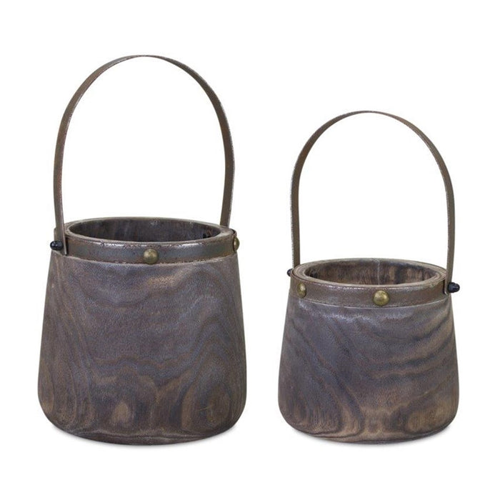 Melrose Natural Wooden Pail Planter/Metal Handle Accent, Set of 2, - 82085DS
