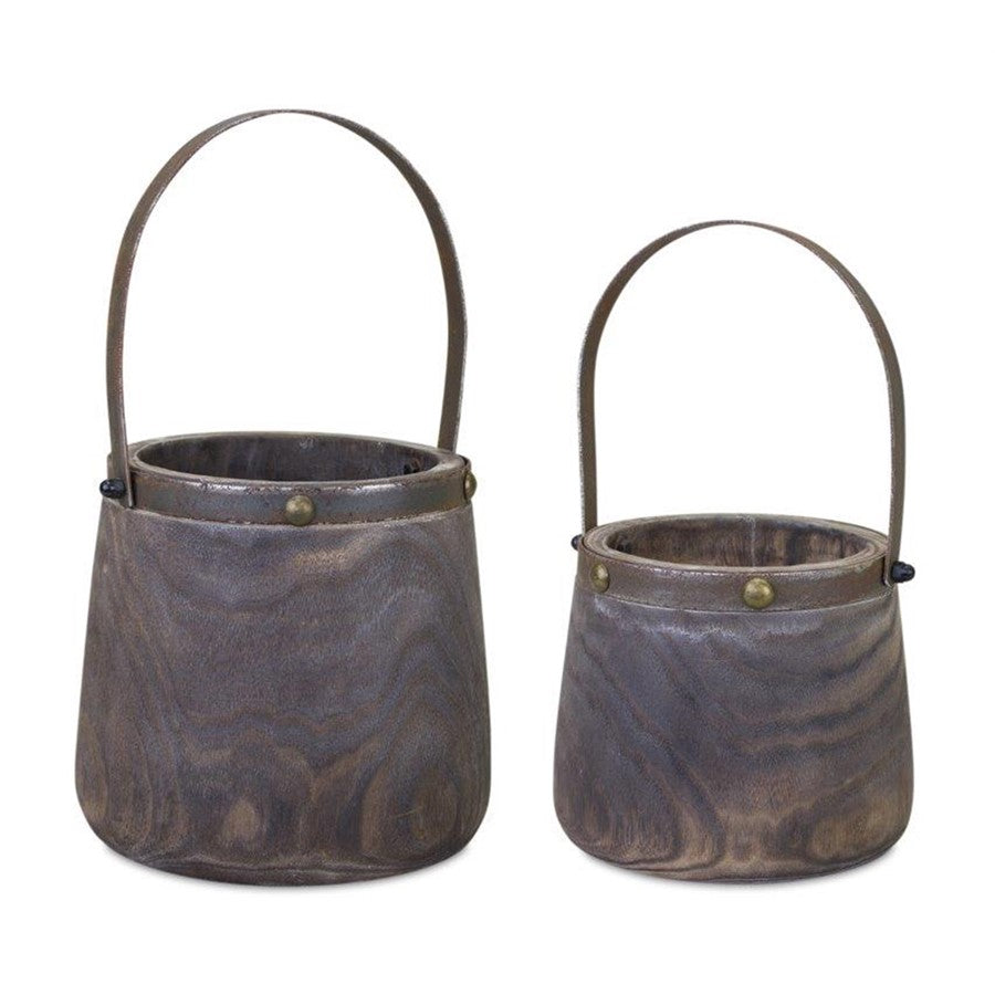 Melrose Natural Wooden Pail Planter/Metal Handle Accent, Set of 2, - 82085DS