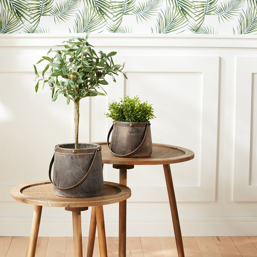 Melrose Natural Wooden Pail Planter/Metal Handle Accent, Set of 2