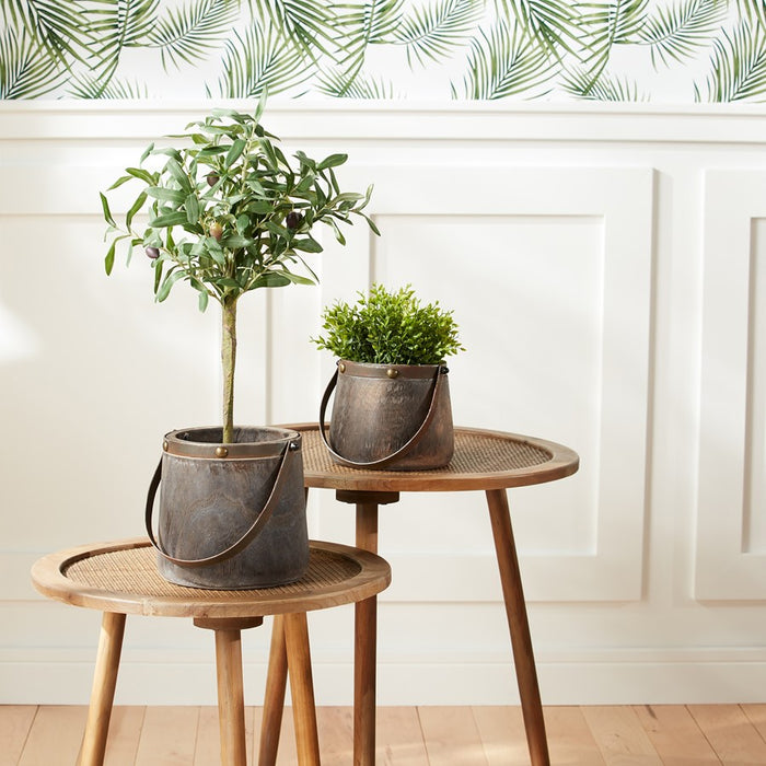 Melrose Natural Wooden Pail Planter/Metal Handle Accent, Set of 2