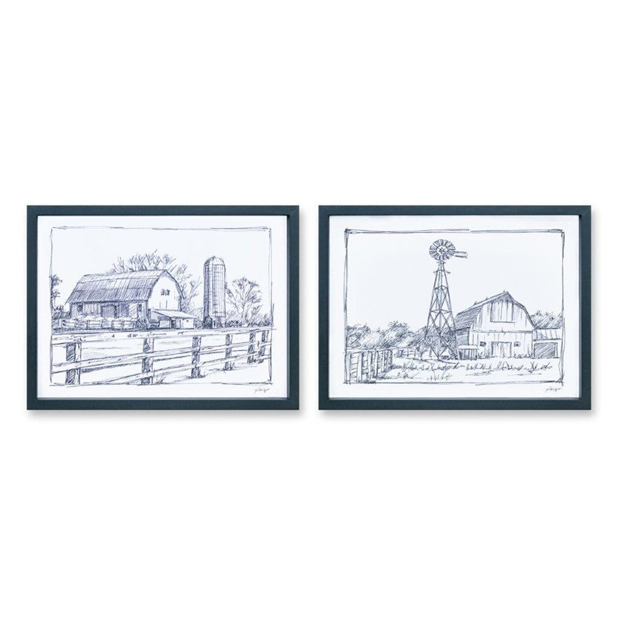 Melrose Framed Sketch Art Barn Print, Set of 2, Black/White - 82207DS