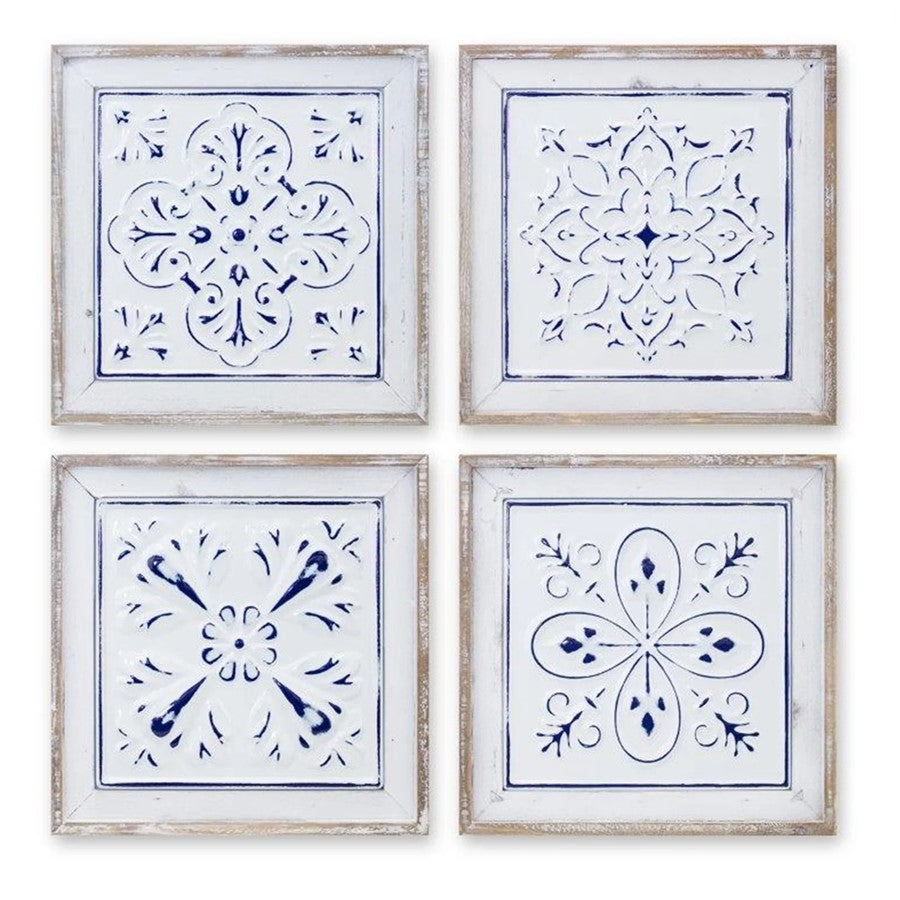 Melrose International Distressed Tile Plaque, Set of 4, White/Black - 82259DS
