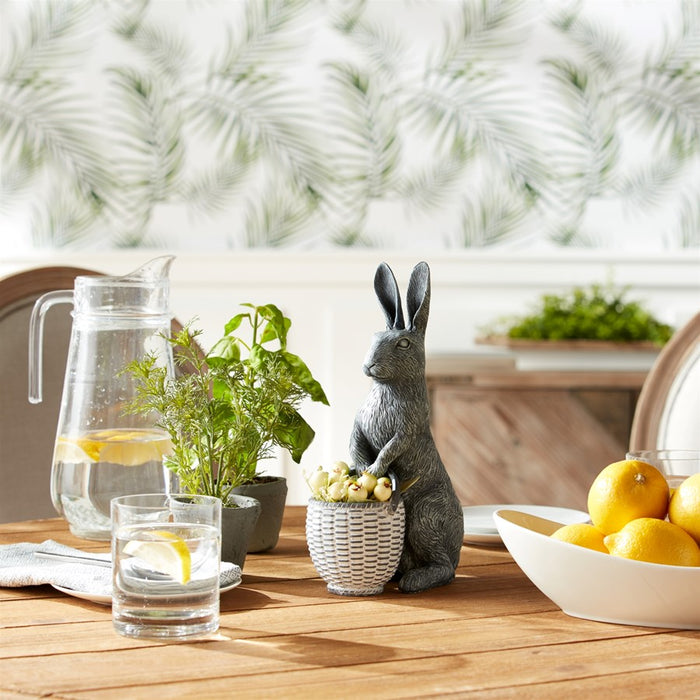 Melrose Standing Rabbit Figurine/Basket Accent 10.5"H, Grey/White