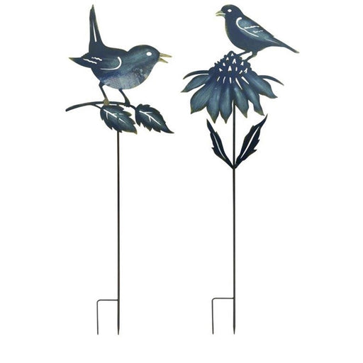 Melrose Iron Cut Out Bird/Flower Garden Stake, Set of 2, Blue/Gold - 82277DS