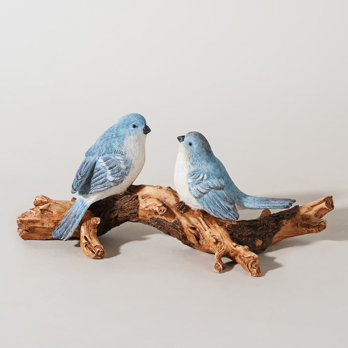 Melrose International Birds on Branch Figurine 9.5"L, Brown/White/Blue
