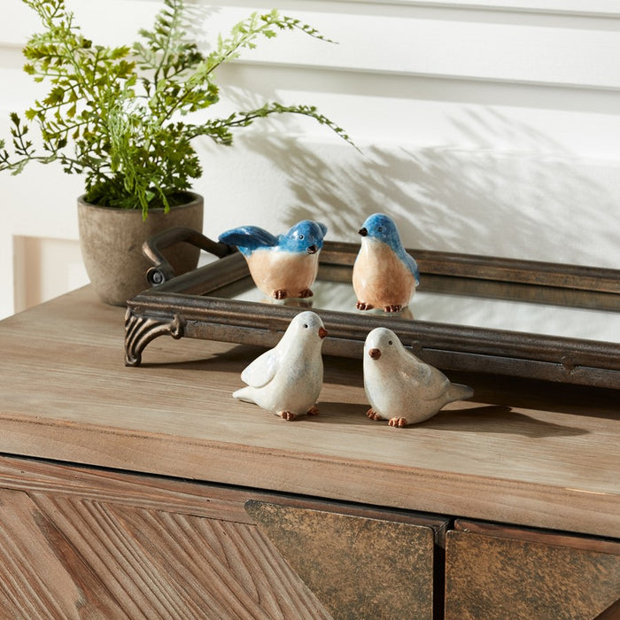 Melrose Birds Sitting Figurine, Set of 4, Blue/White/Brown