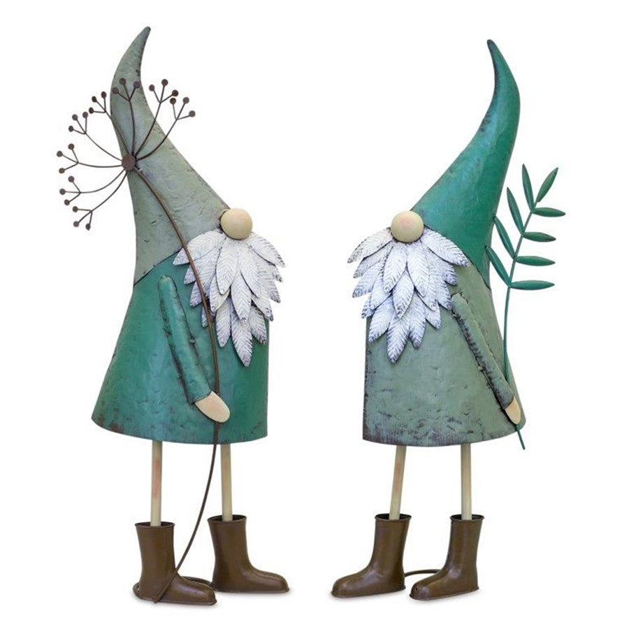 Melrose Iron Metal Standing Garden Gnome/Flower, Set of 2, Brown/White - 82498DS