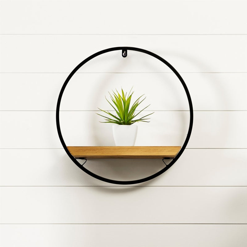 Melrose Wood Circle Shelf, Metal Frame 17.5"D, Brown/Black