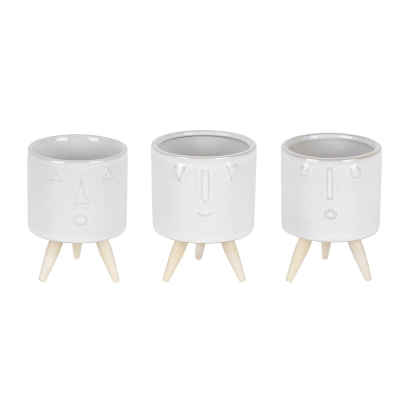 Melrose Porcelain Face Planter/Wooden Legs (Set of 3), White/Brown - 82514DS