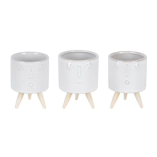 Melrose Porcelain Face Planter/Wooden Legs (Set of 3), White/Brown - 82514DS