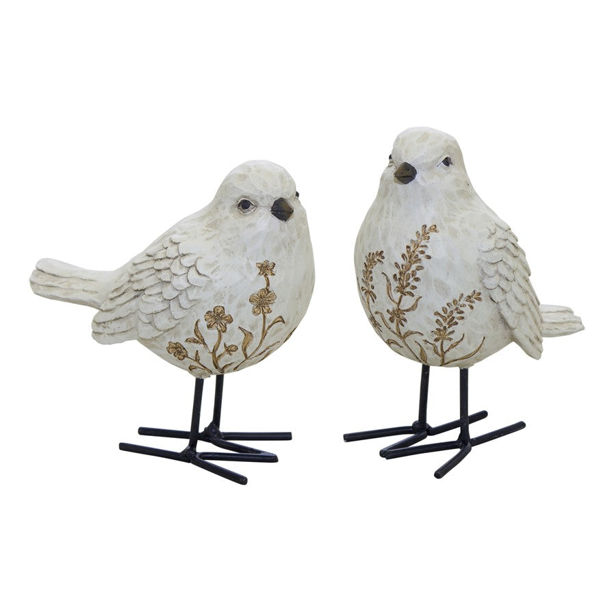 Melrose Bird Figurine/Carved Floral Design, Set/2, White/Brown/Black - 82520DS