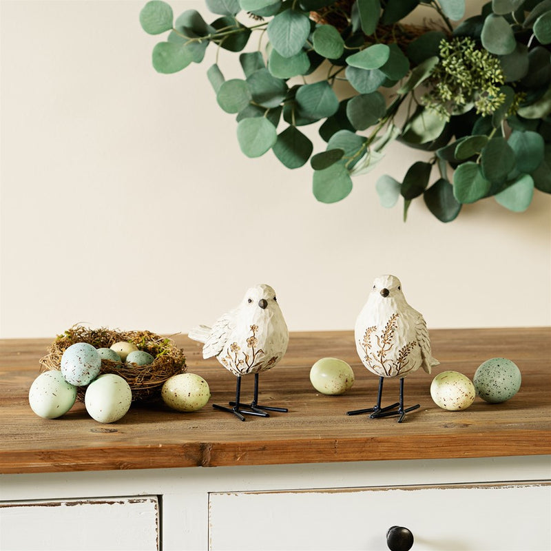Melrose Bird Figurine/Carved Floral Design, Set/2, White/Brown/Black